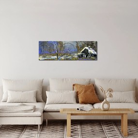 Obraz chaty w zimowym krajobrazie, obraz olejny (z zegarem) (90x30 cm)