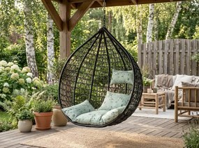 Czarne wiszące krzesło KOKON bez stojaka, jasnozielona poduszka ze wzorem