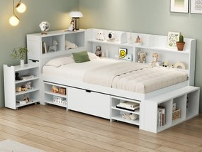 Łóżko pojedyncze 90x190cm z MDF - z szufladami i półkami - z małą zdejmowaną biblioteczką - z stelażem lamelowym - Biały​ (bez materaca)