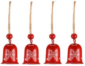 Zestaw wiszących dzwoneczków bożonarodzeniowych, 4 szt., czerwony, metal