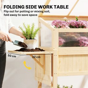 Outsunny Podwyższona grządka z nasadką szklarniową z drewna Skrzynka do sadzenia ze szklarnią składana boczna półka dolna półka Drewno naturalne | Aosom PL