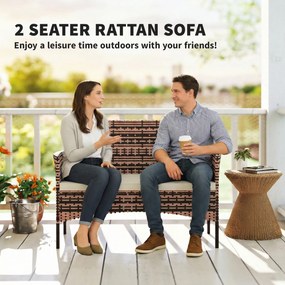 Outsunny 2-osobowa sofa ogrodowa Rattan PE, meble tarasowe z poduszką, antypoślizgowe maty, stalowa rama, Khaki | Aosom PL