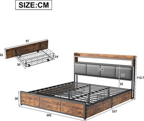Rama łóżka podwójnego 160x200 cm czarna z podświetlanym zagłówkiem LED, 4 szuflady do przechowywania i wbudowana półka, styl vintage tapicerowany