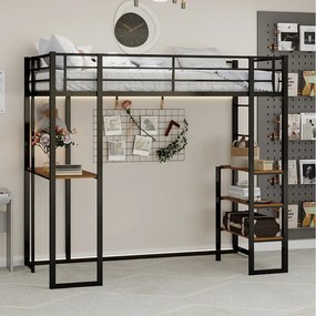 Łóżko piętrowe 90x190 cm - Łóżko młodzieżowe z biurkiem i półkami - czarne - materac nie jest wliczony w cenę