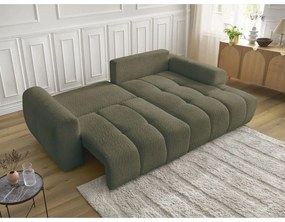 Rozkładany/ze schowkiem narożnik z materiału bouclé (prawostronny/z szezlongiem) w kolorze khaki Roxelane – Bobochic Paris