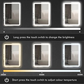HOMCOM Lustro do Łazienki z Oświetleniem LED, Sterowanie Dotykowe, Anti-Beschlag, Regulowane, 3 Kolory Światła, 60 x 80, Srebrne