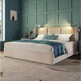 Łóżko ze schowkiem 140x200 cm - beżowy len - tapicerowane łóżko z lampką do czytania i ładowaniem przez USB - materac nie jest wliczony w cenę