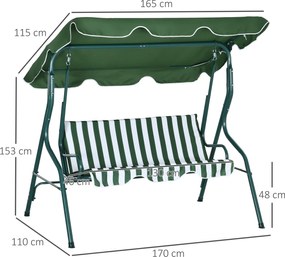 Outsunny Huśtawka ogrodowa 3-osobowa, Ławka huśtawka, Regulowany daszek przeciwsłoneczny, Stalowa konstrukcja, Zielony 170 x 110 x 153 cm