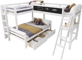 Łóżko piętrowe 2x90x200cm + 140x200cm z drewna - z biurkiem i 2 szufladami - Białe