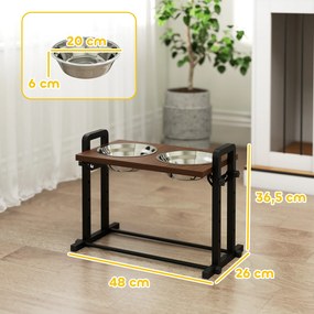 PawHut Podwyższana miska dla psa z 4 regulacjami wysokości, miska z stojakiem, 2 x 1,2 L miski ze stali nierdzewnej, 3 regulowane kąty, Brązowy | Aosom PL