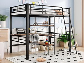 Łóżko mezzanine 90x200cm - z biurkiem i półkami na przechowywanie - Czarne