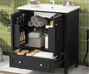 Stojący mebel łazienkowy - z ceramiczna umywalką - 2 drzwi i 1 szuflada - czarny​ (bateria nie jest wliczona w cenę)