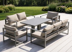 Zestaw mebli ogrodowych Bellagio 006 z sofami, fotelami i ławostołem, szary, poduszki beżowe