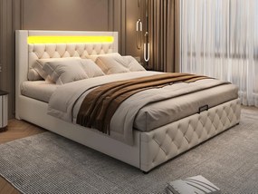 Łóżko z pojemnikiem pikowane 140x190 cm - z oświetleniem LED - z miejscem do przechowywania - z stelażem lamelowym - PU - Biały (materac nie jest wliczony w cenę)