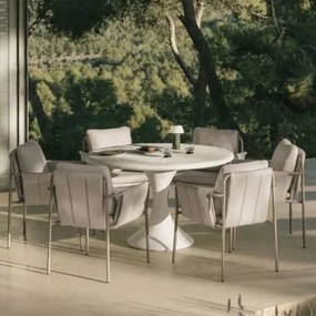 Zestaw Okrągłego Stołu Ø120 Cm Z Cementu Eloria Oraz 6 Ogrodowych Krzeseł Z Podłokietnikami, Tapicerowanych I Wykonanych Ze Stal Moka Brown - Sklum