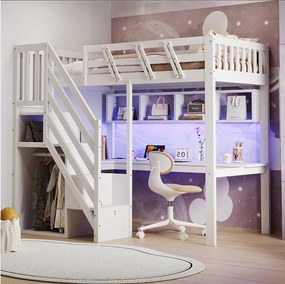 Łóżko piętrowe dla dzieci - 90 x 200 cm - ze schodkami do przechowywania + biurko + port USB + diody LED - drewno - białe