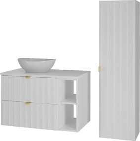 Biały Zestaw Łazienkowy 80cm Szafka z Blatem Regał Umywalka Słupek Ryflowane Fronty Arcos