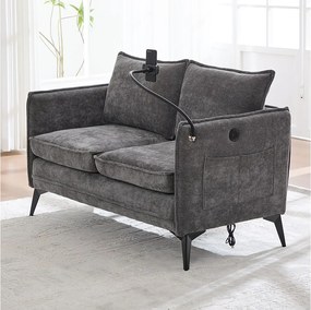 Szara sofa 2-osobowa - z bocznymi kieszeniami i uchwytem na telefon - szenil - do salonu i sypialni