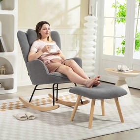 HOMCOM Fotel bujany z podnóżkiem, miękkie pokrycie polarowe, drewniane nogi, poduszka, wysokie oparcie, fotel bujany, ciemnoszary