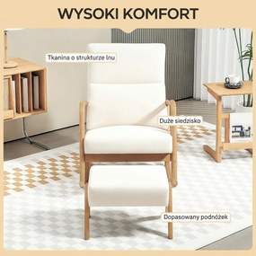 HOMCOM Fotel bujany z podnóżkiem, miękka tapicerka, wygląd lnu, drewniana rama, Kremowy