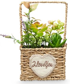 Sztuczne sukulenty w plecionym koszyku LOVE, 12 x 21 cm