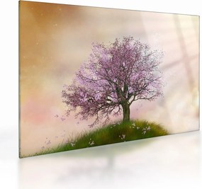 Obraz na szkle kwitnącego drzewa na szczycie wzgórza (70x50 cm)