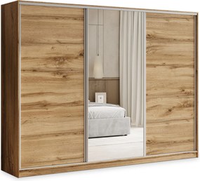 Szafa Przesuwna TARI 250 cm z Lustrem Szafa Trzydrzwiowa z Szufladami Dąb Wotan / Srebrne Profile