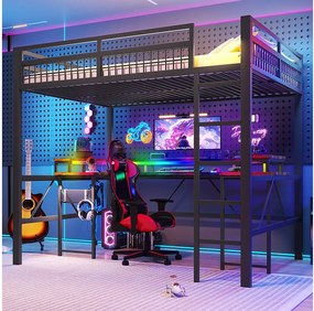 Łóżko piętrowe dla dzieci - 140 x 200 cm - rama żelazna - z diodami LED + biurko + port USB + gniazdko elektryczne - metalowe - czarne