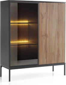 Emporius Haller witryna szklana na nóżkach - komoda w stylu loft, szklane drzwi, oświetlenie LED - witryna 100 cm do salonu z lamelami