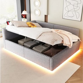 Łóżko dziecięce tapicerowane, hydrauliczne, z pojemnikiem - 140 x 200 cm - z diodami LED + 2 porty USB - zagłówek w kształcie litery L - aksamit - szary