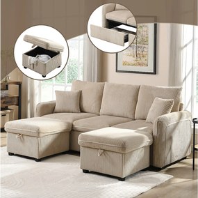 Sofa narożna tapicerowana - 188 x 82 x 86 cm - 3-osobowa - 2 podnóżki ze schowkiem + 2 szuflady - aksamit - szary