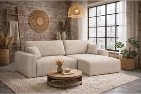 Narożnik z funkcją spania i pojemnikiem Ariel XL, tkanina sztruksowa Poso, Ciemnobeżowy, Prawy