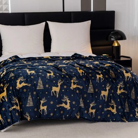Świąteczny koc z mikropluszu GOLDEN DEER ciemnoniebieski Rozmiar: 150 x 200 cm