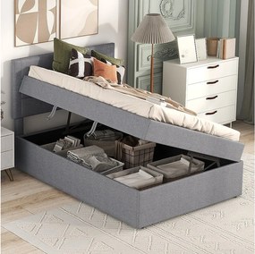 Łóżko ze schowkiem 90 x 200 cm z zagłówkiem - Tkanina lniana - Otwieranie z boku - Stelaż z listew - Szare (bez materaca)