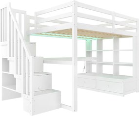 Łóżko mezzanine dla dzieci 140x200 cm - z biurkiem i półką - 2 szuflady - schody do przechowywania - białe (bez materaca)