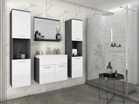 Zestaw mebli łazienkowych, komplet wiszący z umywalką, lustrem i 2 słupkami, korpus matera fronty biały połysk