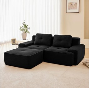 Modułowa Sofa 2-osobowa w Welurze żebrowanym, z pufą i 2 poduszkami, 204x177x69cm, Czarny