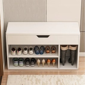 Biała szafka na buty z drewnianym siedziskiem i schowkiem 80 cm