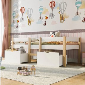 Łóżko dziecięce 90x190 cm - Łóżko pojedyncze z 2 szufladami i drabinką - białe drewno - bez materaca