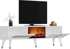 Szafka RTV z kominkiem elektrycznym – 150 cm x 50 cm x 29,6 cm – biała i srebrna – melamina