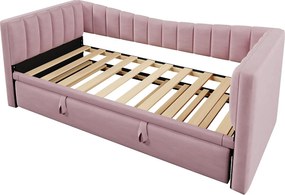 Sofa rozkładana 90/180x200 cm, różowy aksamit, łóżko podwójne z wysuwanym łóżkiem i stelażem - bez materaca