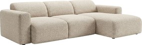 Kanapa narożna duża prawostronna z elektrycznym wysuwanym siedziskiem z beżowej tkaniny POGNI marki Maison Céphy