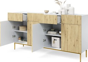 Komoda czterodrzwiowa Nicole 200 cm z szufladami - biały / dąb artisan / złote nóżki