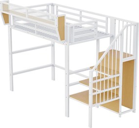 Łóżko antresola 90×200 cm - z drabinką - modułowe schowki - metalowe - białe (bez materaca)