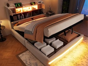 Łóżko tapicerowane ze schowkiem 140x200 cm - z oświetleniem LED - z komorą przechowawczą - beżowe (bez materaca)