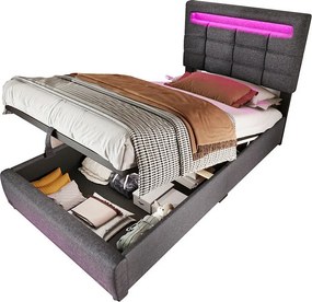 Łóżko tapicerowane 90x200cm - z oświetleniem LED - Len - Szary (bez materaca)