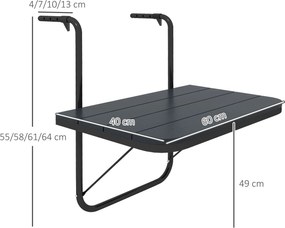 Outsunny Stolik balkonowy do zawieszenia, składany, regulowany na wysokości, rama aluminiowa, blat z tworzywa sztucznego, wykończenie drewna, czarny
