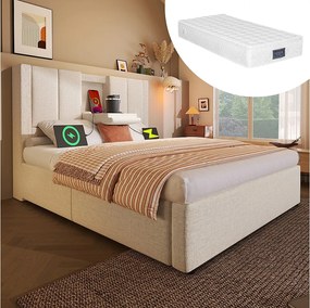 Łóżko tapicerowane z pojemnikiem na pościel - 90 x 200 cm - z ukrytym uchwytem na kubek i stacją ładującą - len - beżowe (z materacem)