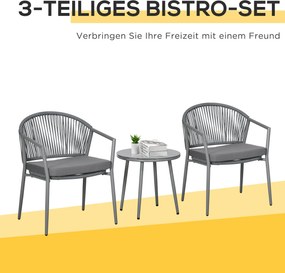 Outsunny Zestaw mebli ogrodowych, 2 krzesła &amp; 1 stolik z blatem szklanym, imitacja rattanu, odporny na warunki atmosferyczne, stalowy stelaż, szary