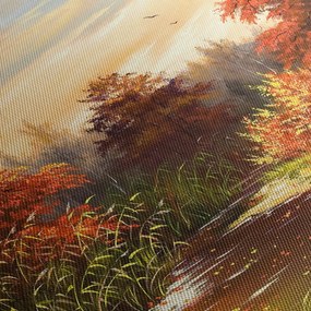 Obraz rzeki w jesiennym krajobrazie, obraz olejny (z zegarem) (90x30 cm)